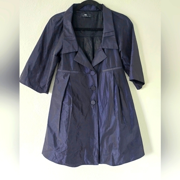 Cue Long Jacket Women Sz 6 Blue 3/4 Sleeves Belted 3buttons Collared Grunge - Picture 1 of 10